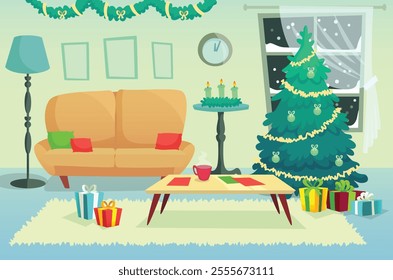 Cozy living room featuring festive decorations, a beautifully lit christmas tree, wrapped gifts, a comfortable sofa, and a warm cup beside advent candles, while snow falls outside