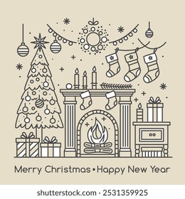 Cozy living room with fireplace, Christmas tree, gifts. Greeting card for Christmas and New Year in linear style. vector illustration