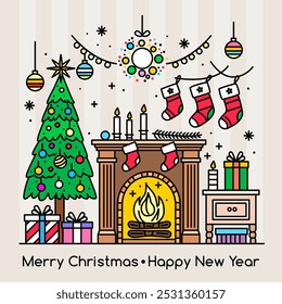 Cozy living room with fireplace, Christmas tree, gifts. Greeting card for Christmas and New Year in linear style. vector illustration