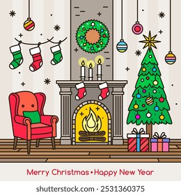Cozy living room with fireplace, Christmas tree, gifts. Greeting card for Christmas and New Year in linear style. vector illustration
