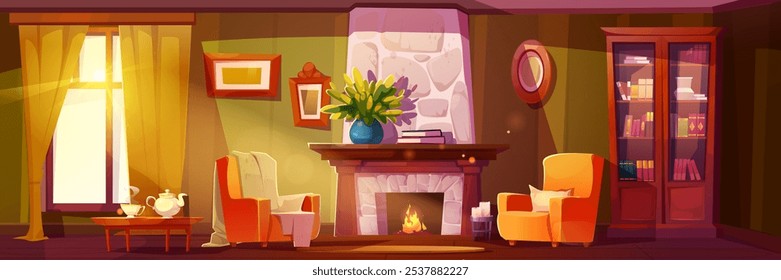 Cozy living room with fireplace. Vector cartoon illustration of house interior with classic wooden furniture, armchairs and bookcase, fire burning in stone stove, tea set on table, pictures on wall