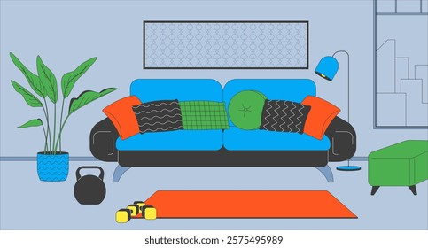 Cozy living room with fitness gear flat illustration. Sofa with cushions, potted plant, yoga mat with kettlebell and dumbbells 2D interior cartoon background. Workout corner at home scene vector image