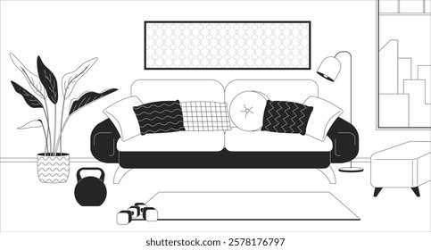 Cozy living room with fitness gear black and white line illustration. Sofa cushions, plant, yoga mat with kettlebell dumbbells 2D interior monochrome backdrop. Workout corner at home outline vector