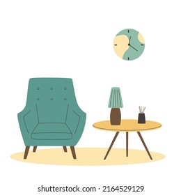 Cozy living room flat vector illustration. Trendy scandinavian hygge interior. Armchair and table with lamp.