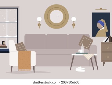 Cozy Living Room Furniture, A Big Sofa With Cushions, An Armchair With Pillows And A Blanket, A Wooden Drawer With Metal Ring Handles, An Oil Painting Hanging On The Wall, No People