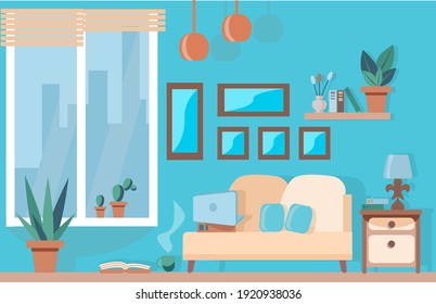 Cozy living room with furniture on the sofa is a laptop, on the floor a cup of hot coffee. Interior with a large window, bedside table, lamp, shelf with books. Vector illustration in a flat style.