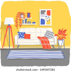 Cozy living room with furniture. There are many things like books, lamps, flowers in pots, a sofa with pillows and a blanket, a room wall with a picture and shelves. Trending Colors. Hand drawn vector