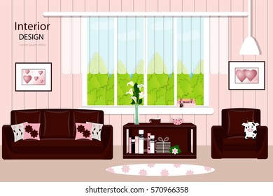 Cozy living room with furniture. Window, chair , sofa, carpet, or table. Vector illustration