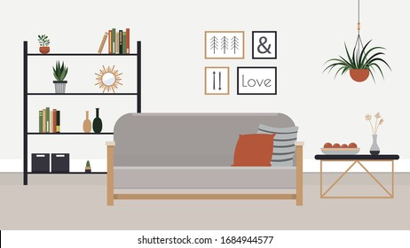 Cozy living room with green plants. Vector illustration