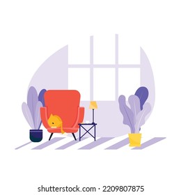 Cozy living room illustration with armchair in flat style. Home decor. Colorful interior design concept. Vector