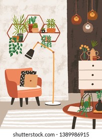 Cozy living room interior with armchair, houseplants growing in pots, shelves, lamps, home decorations. Comfortable apartment decorated in modern Scandinavian hygge style. Flat vector illustration.