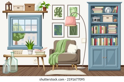 Cozy living room interior with an armchair, a bookcase, and a blue window. Cartoon vector illustration