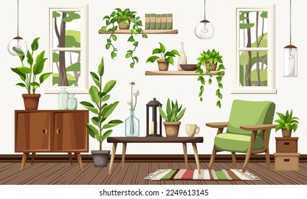 Cozy living room interior with an armchair, a dresser, two windows, and plenty of houseplants. Scandinavian interior design. Urban jungle interior. Cartoon vector illustration