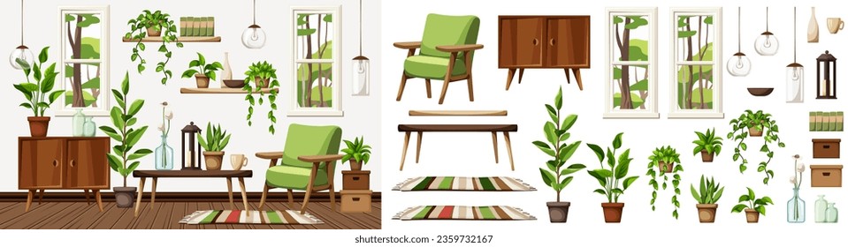 Cozy living room interior with an armchair, a dresser, two windows, and plenty of houseplants. Scandinavian interior design. Urban jungle interior. Furniture set. Interior constructor. Cartoon vector