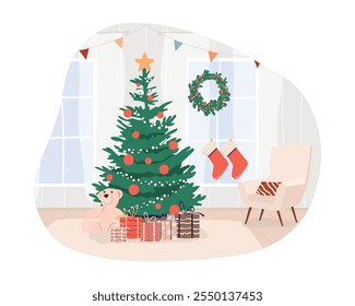 Un acogedor salón interior con sillones y ventanas panorámicas. Árbol de Navidad, decoraciones caseras, corona de abeto en vacaciones de invierno. Ilustración vectorial 