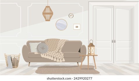 Cozy living room interior with beige sofa, knitted blanket and cushions
