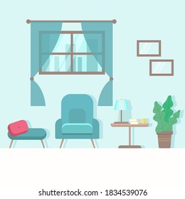 Cozy living room interior in blue color. Flat cartoon style, design template