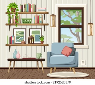 Cozy living room interior with a blue armchair, bookshelves, a window, and hanging lamps. Cartoon vector illustration