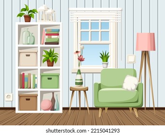 Cozy living room interior with blue walls, an armchair, a shelving, a window, and a floor lamp. Cartoon vector illustration