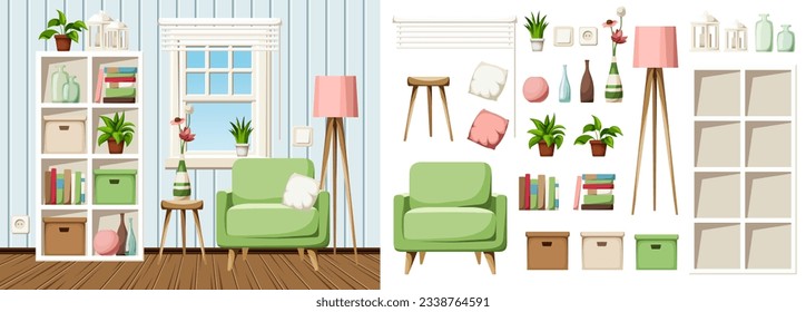 Cozy living room interior with blue walls, an armchair, a shelving, a window, and a floor lamp. Furniture set. Interior constructor. Cartoon vector illustration