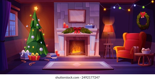 Cozy living room interior with Christmas tree, holy on fireplace with flame and garland decoration. Xmas home with armchair and lamp, carpet on floor and window with curtain, tea table and bookcase.