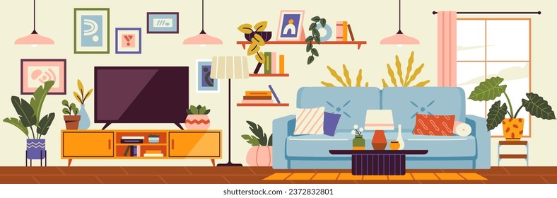 Cozy Living room interior. Comfortable apartment with sofa, chair, paintings, TV, lustre, window and house plants. Flat vector illustration