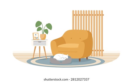 Cozy living room interior with comfortable yellow armchair, small table, green plant, and sleeping cat in pet bed.