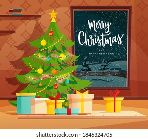 Cozy living room interior decorated for Christmas holidays. Cartoon vector illustration with Christmas tree, gifts and window with winter landscape.