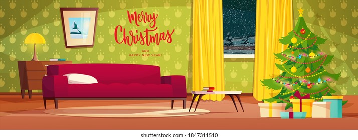 Cozy living room interior decorated for Christmas holidays. Cartoon vector illustration with red sofa, Christmas tree, lamp, window and gifts.