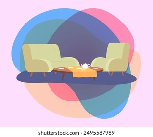 Cozy living room interior design. Sofa, armchair and table with teapot. Drinking tea, design, home concept for banner or landing page