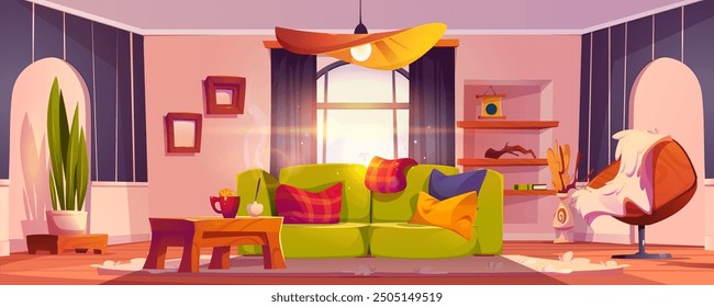 Cozy living room interior design. Vector cartoon illustration of modern apartment with cushions on comfortable couch, books on shelf, wooden frames on wall, hygge style armchair, sunlight in window