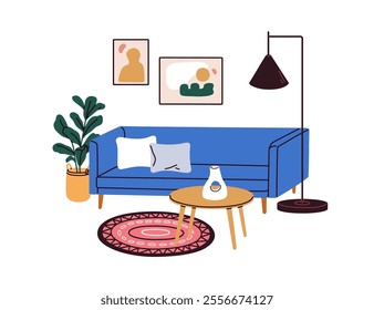 Cozy living room interior design, couch and coffee table. Sofa with cushions, potted plant, pictures on wall. Comfortable furniture and decor. Flat vector illustration isolated on white background