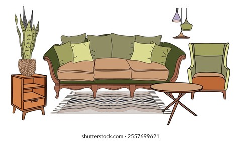 Cozy living room interior design, couch, coffee table, potted plant, armchair, carpet, lamps. Comfortable furniture and decor. Flat vector illustration isolated on white background