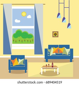 Cozy living room interior design with furniture: sofa,chandelier, window flowerpot,. Flat style vector illustration, flat design.
