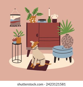 Cozy living room interior with dresser, houseplants, shelves, wall art and home decorations. Comfy and homey atmosphere. Perfect for social media posts, cards and posters. All elements are isolated.