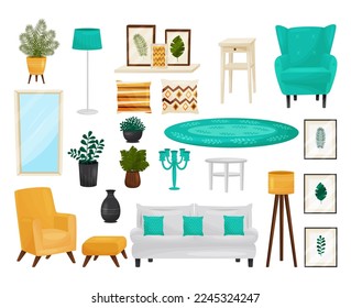 Cozy living room interior elements set. Furniture, potted house plants, lamp, mirror, pictures cartoon vector