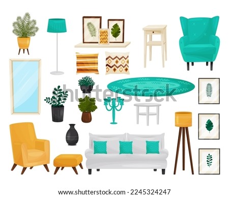 Cozy living room interior elements set. Furniture, potted house plants, lamp, mirror, pictures cartoon vector
