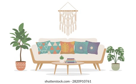 Cozy living room interior features plush sofa with colorful patterned pillows and decorative macrame wall hanging.