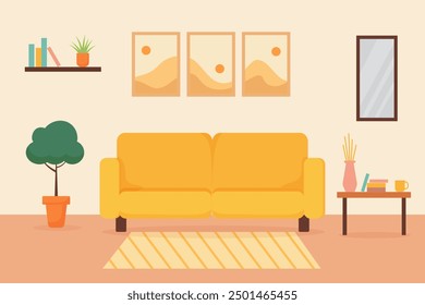 Cozy living room interior featuring a yellow sofa, houseplants, and warm decor details