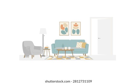Cozy living room interior featuring a soft blue sofa, comfortable grey armchair, lamp, side table, and abstract wall art.