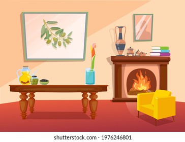 Cozy living room interior with fireplace. Cartoon vector illustration. Colorful paintings on wall, coffee table, yellow chair, books and vases in Greek style. Home interior design, coziness concept