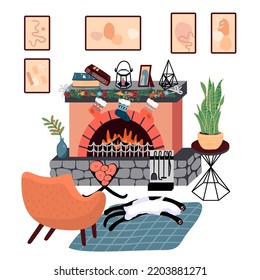 Acogedora sala de estar con chimenea, sillón, gato, maceta en un estrado, alfombra y otras cosas lindas para la casa Hygge. Clásico tipo vector de dibujos animados para tarjeta de diseño, afiche.