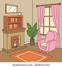 Cozy Living Room Interior with Fireplace – Vector Illustration. A cozy, cartoon-style living room interior featuring a warm fireplace, comfortable armchair, bookshelf, indoor plant, and decorative