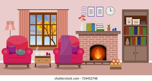 Cozy Living room interior with a fireplace and two chairs, window autumn view. Vector illustration in flat style, design template