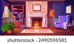 Cozy living room interior with flame in fireplace, armchair and lamp, carpet on floor and window with curtain, tea table and books in cabinet, flower in pot and candles. Cartoon vector home inside.