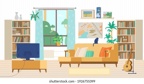 Cozy Living Room Interior Flat Vector Illustration. Couch With Pillows, Tv,  Guitar, Bookcases, Paintings, Decoration Elements.
