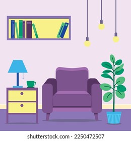 Cozy living room interior in flat style. Interior with an armchair and a contiguous flower.