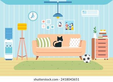 Cozy Living Room Interior furniture home cat sitting on the sofa flat illustration  pastel