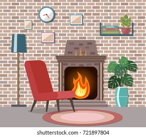 Cozy living room interior with furniture and fireplace. Flat design.