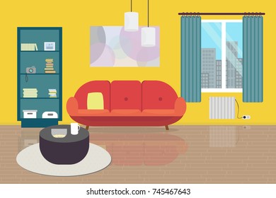 Cozy Living room interior with furniture. Flat style vector illustration. Sofa, bookcase, table, lamps, carpet, wall picture.